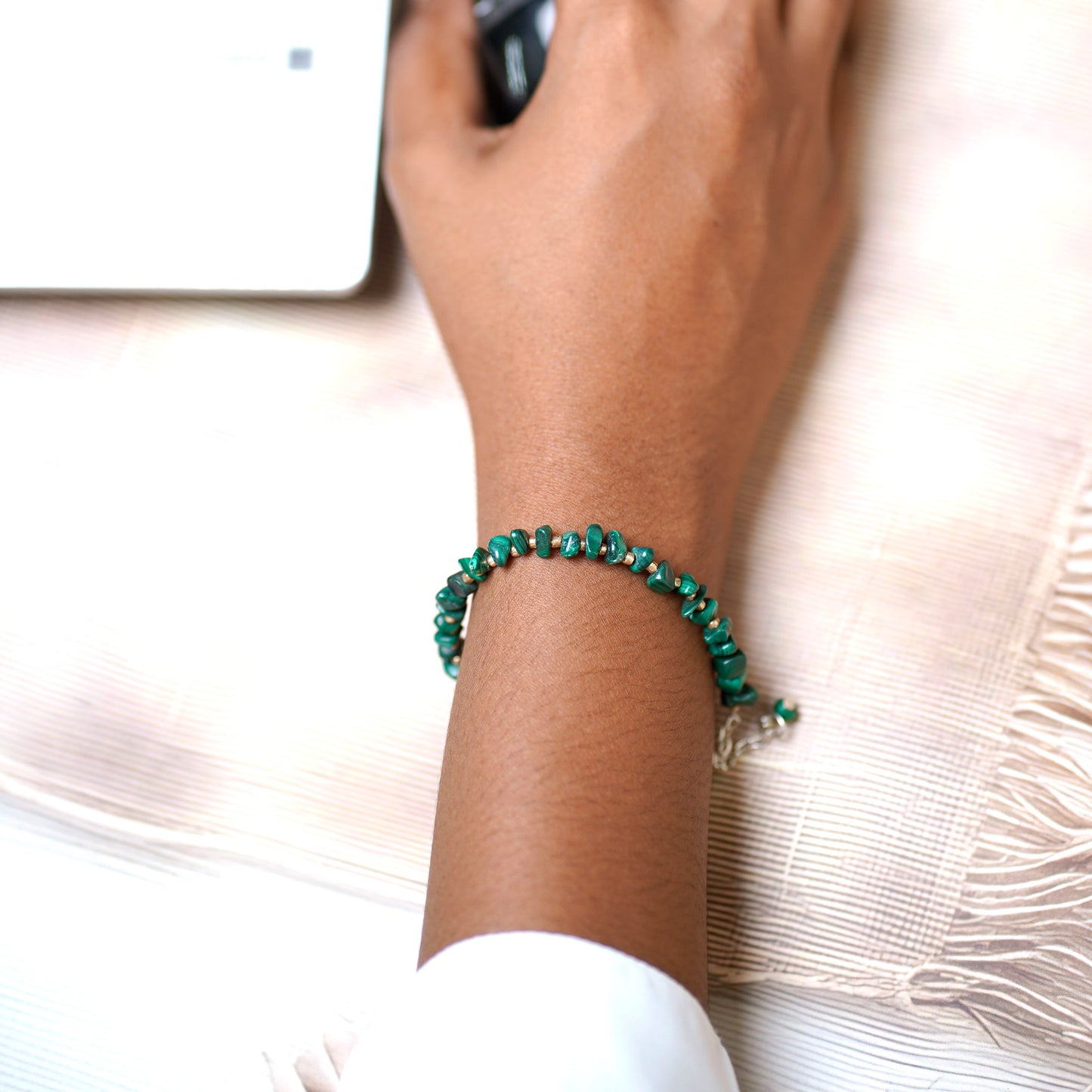 Natural Malachite Chip bead Bracelet with Miyuki beads - adjustable