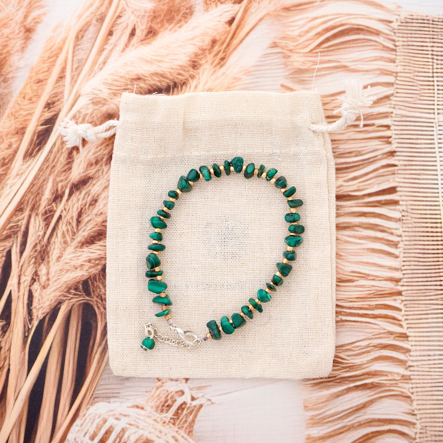 Natural Malachite Chip bead Bracelet with Miyuki beads - adjustable