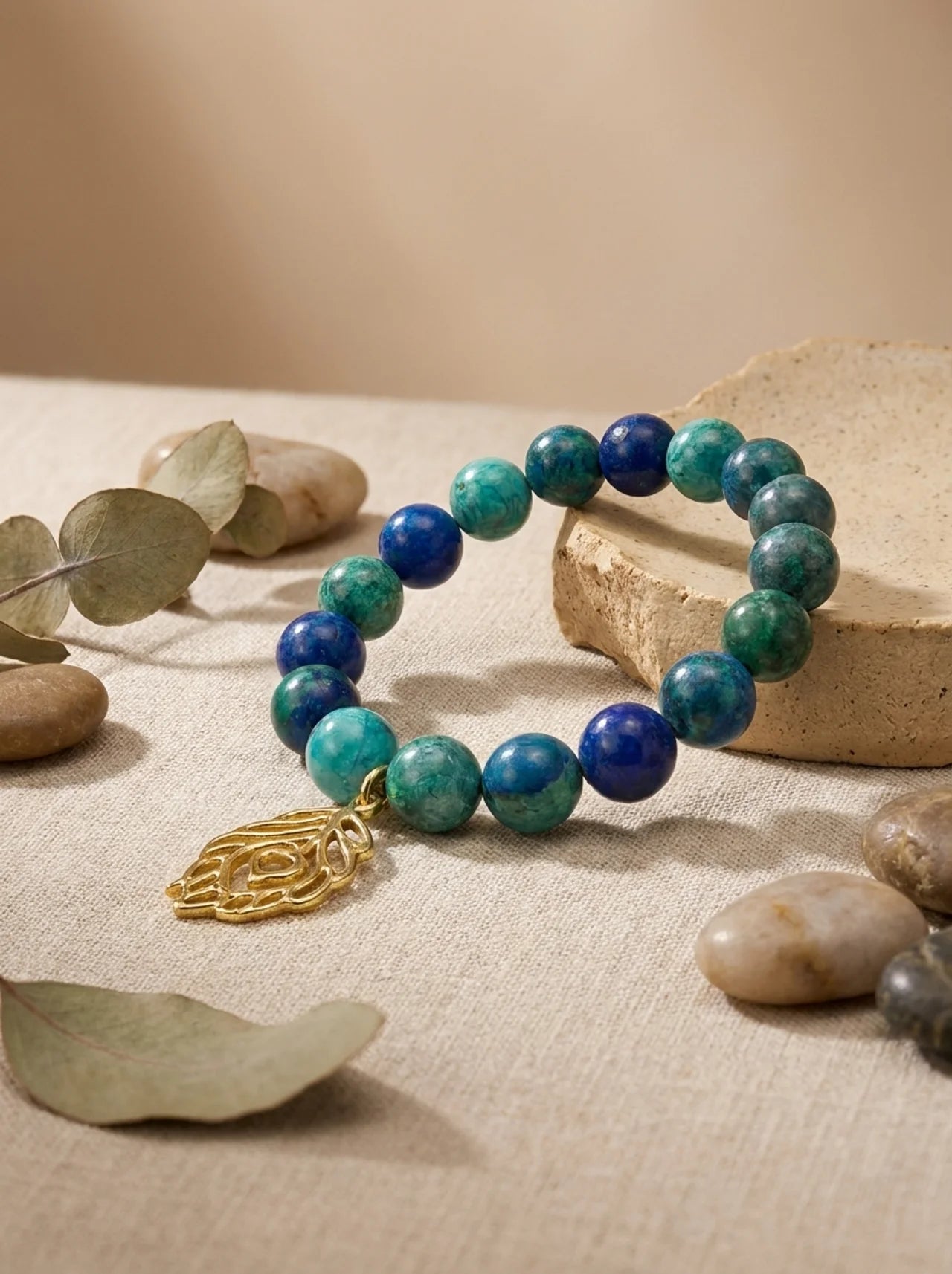 Blue and Green Gemstone Bead Leaf Bracelet
