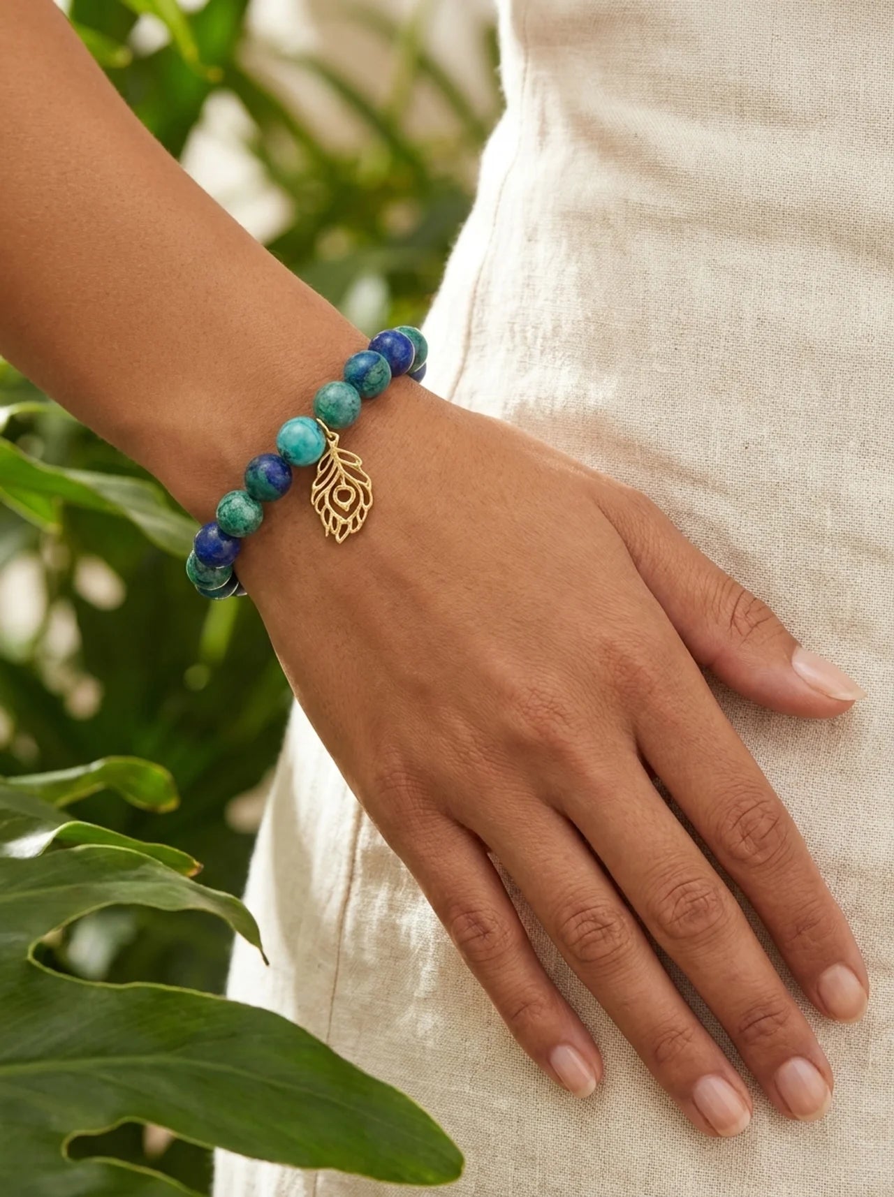 Blue and Green Gemstone Bead Leaf Bracelet
